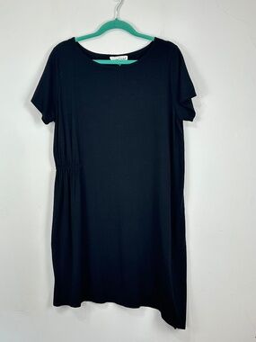 Johnny Was Calme Organic Cotton Bamboo Black Cinched Short Sleeve Shirt Dress L